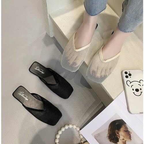 New Mesh V Shape Low High Heel Mules Slipper Slip On Square Toe Flat Sandals 2CM Outdoor Fashion Designer Summer Shoes 2021