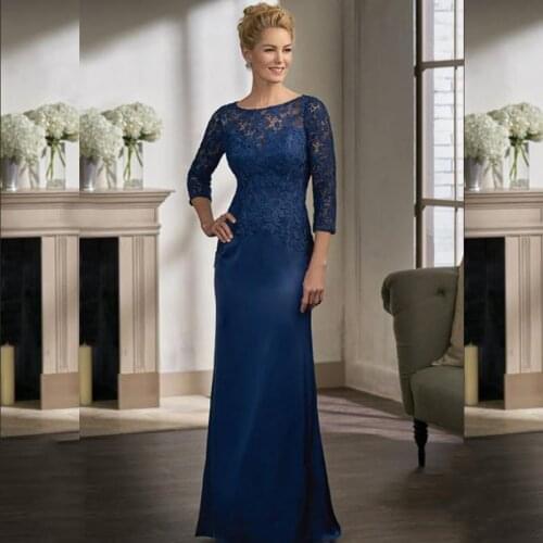 Charming 2020 Dark Blue Lace Jewel Neck Mother of the Bride Dresses With Three Quarter Sleeves Wedding Guest Gowns Full Length