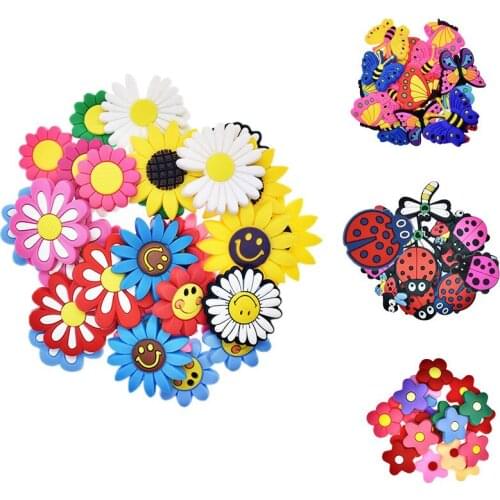 Wholesale Mixed 50Pcs PVC Cabochon Shoe Charms Shoe Buckles Sunflowers/Flyings Fit Bracelets Croc Shoe Ormaments Nice Gift