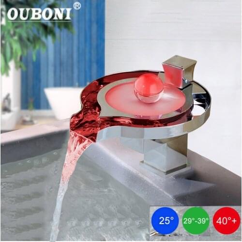 OUBONI Luxury Solid Brass Polished Chrome LED Deck Mount Waterfall Bathroom Basin Faucet Contemporary Square Sink Mixer Tap
