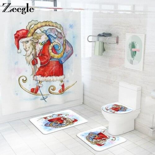 Printed Santa Claus Polyester Waterproof and Mildewproof Shower Curtain Bath Mats Bathroom Decor Bathroom Carpet Set Toilet Mat