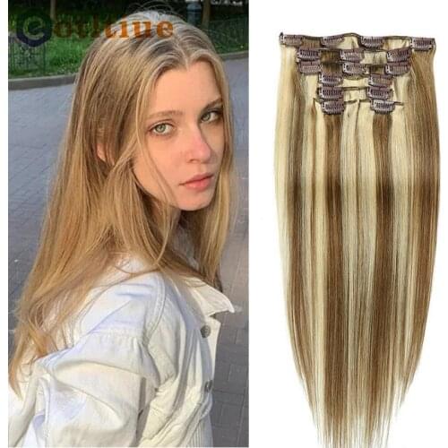 Eotltiue Brazilian Remy Straight Hair Clip In Hair Extensions Human Hair Bundles 7 Pieces/Set Full Head Sets Piano Colored