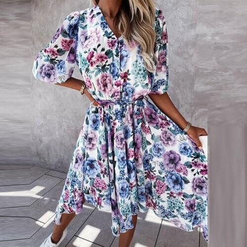 Summer Half Sleeve Floral Print Chiffon Dress Elegant Women V-Neck Button Midi Dress Ladies Fashion Irregular Slim Party Dresses