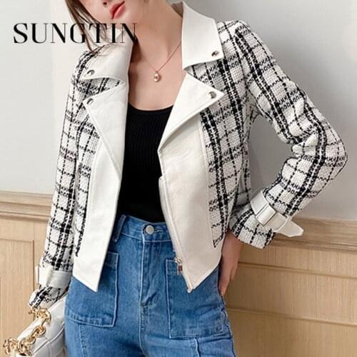 Sungtin Plaid Spliced Cropped Faux Leather Jacket for Women Zipper Casual PU Motorcycle Jackets Short Outwear 2021 New Fashion