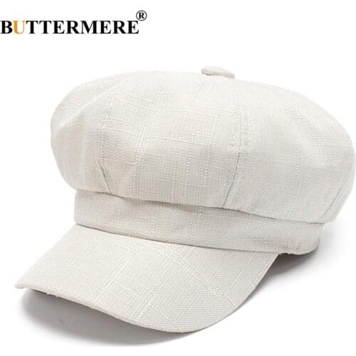 BUTTERMERE Linen Newsboy Cap Women White French Painter Hat Ladies Spring Summer Beret Female New Octagonal Cap Baker Boy Hat