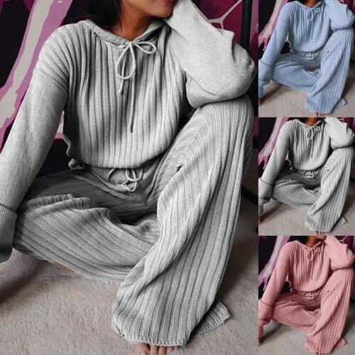 Women Autumn Long Sleeve Hoodie Wide Leg Pants Knitted Outfit Lounge Wear Set Womens clothing толстовка женская ropa mujer 2020