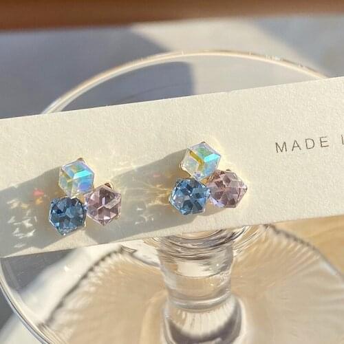 14K Gold Geometric Square Colorful Crystal Zircon Earring for Women French Style Handmade Stud Earrings Korean Fashion Jewelry