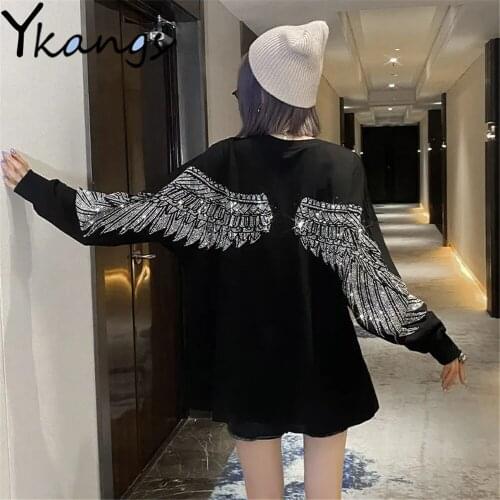Gothic Cool Wing Rhinestone T-Shirt Harajuku Bf Oversize Dark Style Loose Long Sleeve Women Top Spring Autumn Hip Hop Streetwear