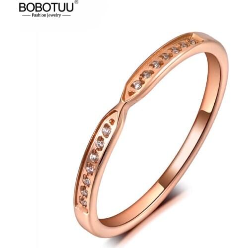 BOBOTUU Simple Design Titanium Stainless Steel Wedding Ring Jewelry Trendy Rose Gold Mosaic CZ Crystal Rings For Women BR19153