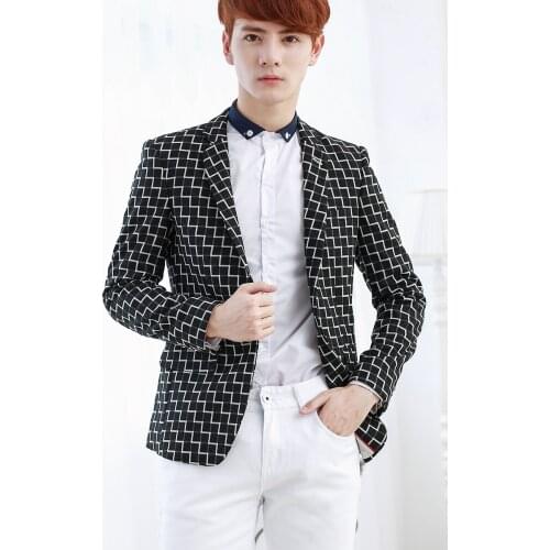 2017 Autumn Casual Male Slim Blazer Outerwear Fashion Plaid Suit Formal Dress Mens New Clothing Singer Costumes