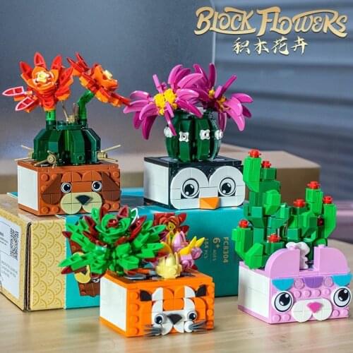4pcs/set of Potted Building Blocks DIY Household Bonsai Plant Cactus Desktop Ornaments Assembled Building Blocks Childrens Toys