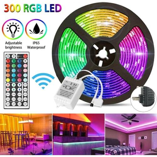 5M LED Strip Light 16.4ft Waterproof 3528 SMD 300 LED Flexible Light Strip 12V+44 Key Remote 300pcs SMD 3528 LEDs Strip Lights