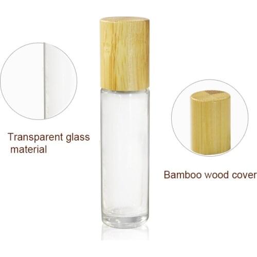 50pcs * 10ml Clear Glass Roll on Bottle with Stainless Steel ball Essential Oil Refillable Sample travel Bottle with bamboo lid