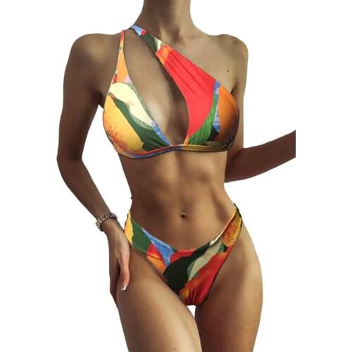 Women’s Retro Printed 2Pcs Bikini Suit, Hollowed Single Oblique Shoulder Strap Tops with Triangle Bottoms