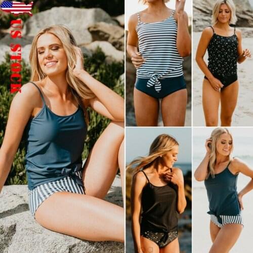 Hot Womens Swimsuit Striped Floral Print Strappy 2Pcs Famale Tankini Set Bikini Swimwear Beach Bathing Suit