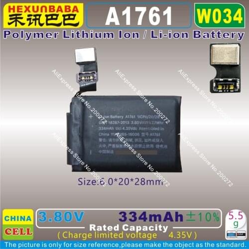 [W034] 3.80V 334mAh / 1.27Wh [A1761] Li-ion polymer battery for APPLE - I - WATCH 2 (42) SMART WATCH 1ICP6/20/28