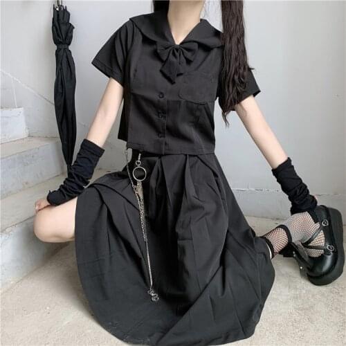 Sweet Harajuku Black Bow Sailor Collar Woman Blouse And Pleated Skirt JK Student Women Set Summer Soft Girly Party Lady Shirts