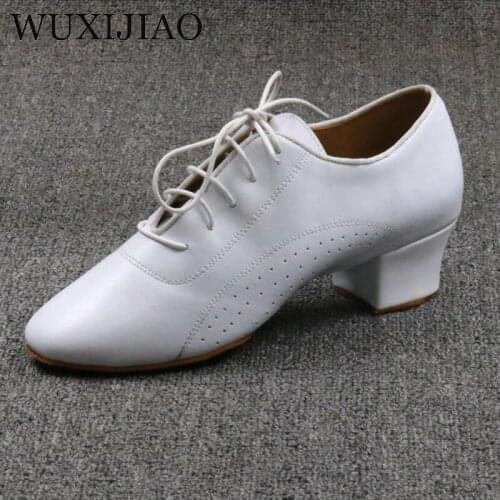 WUXIJIAO Latin Modern Dance Shoes Mens Leather Black and White Party Wedding Prom Dance Shoes 4.5cm Square Heel Soft Outsole