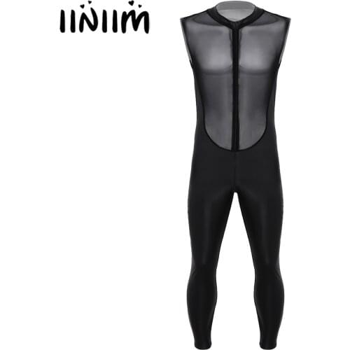 Iiniim Mens Adults Wetlook Costume Parties Clubwear Mesh Splice Bodice Double Zipper Leotard Bodysuit Jumpsuit Body Stocking