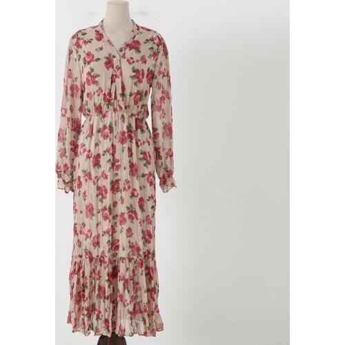 PERHAPS U Korean Version Apricot Black Print Floral V Neck Chiffon Ruched Long Sleeve Maxi Dress Spring Summer Beach D1159