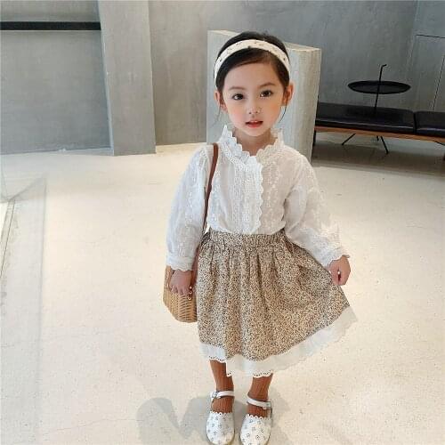 Girls Long-sleeved Shirt 2021 Spring New Children Fashionable Girl Lace Shirt Kids Lace Top