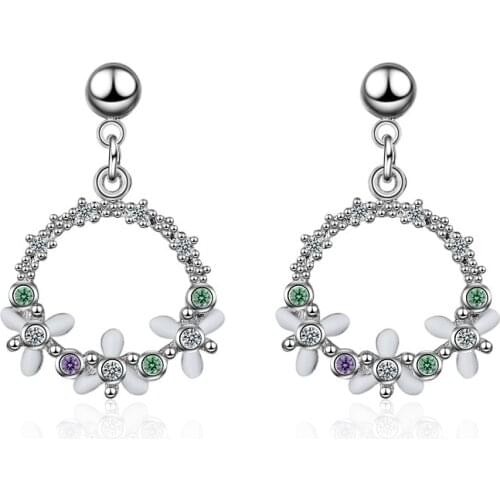 Womens Cute Romantic Garland Stud Earrings Female Trendy Wedding Jewelry Multicolor Zircon Crystal Round Circle Charm Earring