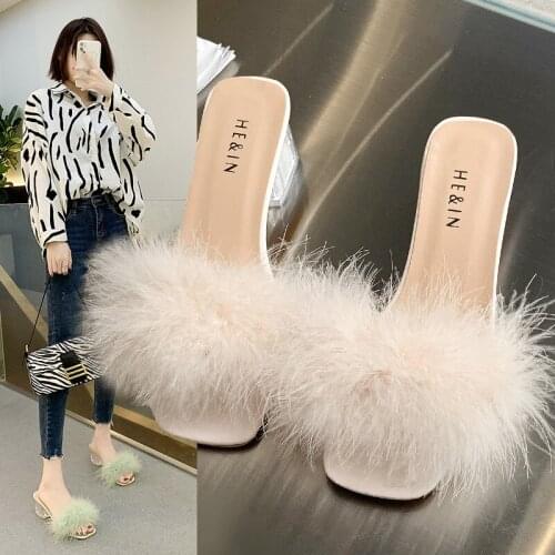 Slippers Women Summer New Hairy Thick Heel Sandals Ladies Fashion Comfortable Outer Slippers Female Big Size Casual Shoes 35-43