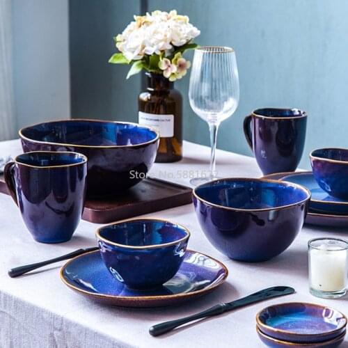 Nordic Dinner Set Glazed Blue Color Tableware Set Factory Directly Sale Ceramic Products