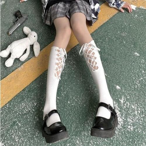 Japanese JK Student Bandage Rope Strap Top Cross Stocking Bow Knot Lolita Women Socks B1882