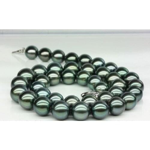 Jewelry Pearl Necklace Huge 18"12-13mm 100% Tahitian genuine black peacock green round pearl necklace Free Shipping