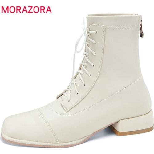 MORAZORA 2022 Plus Size 43 Ankle Boots Women Shoes Soft Pu Square Toe Cross Tied Zip Low Heels Casual Shoes Women Winter Boots