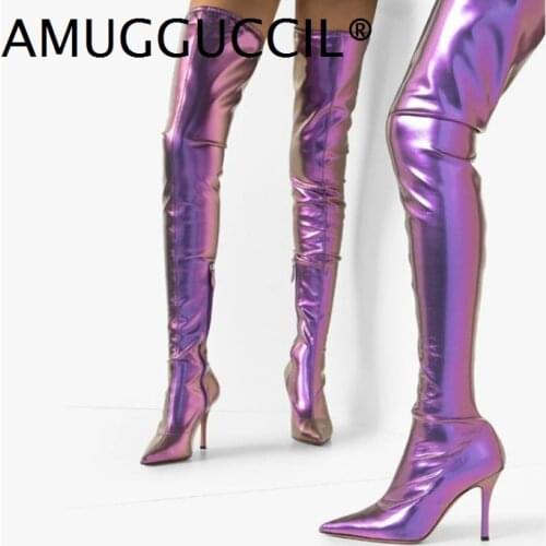 2021 New Plus Big Size 33-45 Black Purple Sexy Zip 12CM High Heel Sexy Over The Knee Thigh High Autumn Winter Women Boot X2068