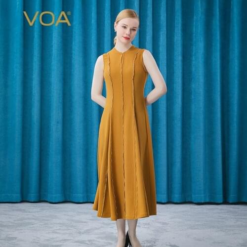VOA Silk Heavy 60m/m Summer Gold Half-high Collar Striped Open-thread Edge Sleeveless Dress Party Dresses Women Evening AE700