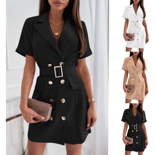 Fashion Elegant WomenS Short Sleeve Open Cardigan Formal Mini Dress Solid Color Casual Pockets Office Lady Button Dresses 2021