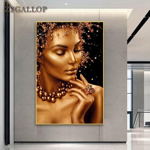 Gold Sexy Woman Canvas Painting Jewelry Women Pictures Posters and Prints Modern Luxury Wall Painting for Living Room Decoration