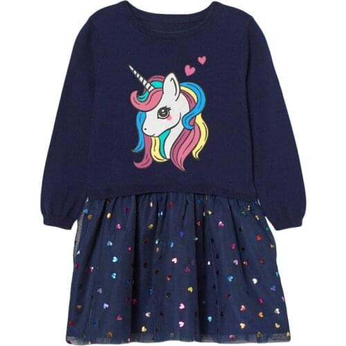 Bambino 2-9Years Baby Girl Dress with Fleece lining Unicorn Winter Dress with Long Sleeves Children Clothes Party Clothing