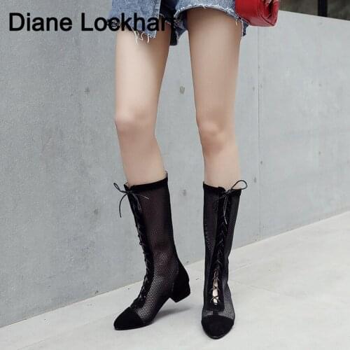 Autumn Fashion Hollow Out Boots Female Flock Outdoor Sexy Lady Spring Shoes Lace-Up Motorcycle Women Pointed Cool boots Summer