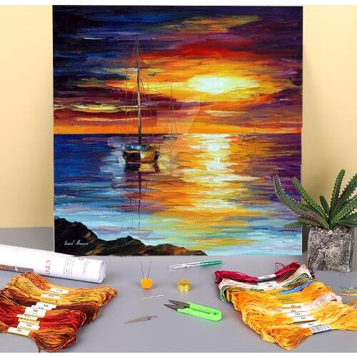 Oil Painting Style Calm Sea Printed Canvas 11CT Cross-Stitch DIY Embroidery Set DMC Threads Painting Needlework Wholesale