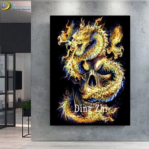 Chinese Flame Dragon And Skull DIY Diamond Painting 5D Diamond Mosaic Animal Full Drill Square Embroidery Cross Stitch Handmade