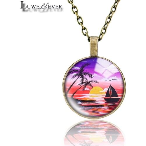 Coconut Beach Necklace 706 25mm Bronze 30mm Wood Rhinestone Double-sided Moon Round Glass Pendant For Women Gift