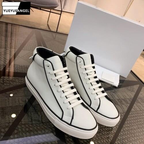 England Style Mens Genuine Leather Casual Shoes Mixed Colors High-Top Natural Cowhide Lace Up Breathable Outdoor Active Shoes