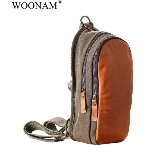 WOONAM Men Classic Washed Canvas Genuine Cowhide Leather Trim Japanese Literary Chest Bag Small Backpack Handbag WB677