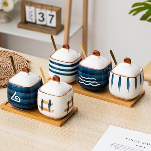 Creative Nordic Style stripe Ceramic Kitchen Seasoning Tank Set Accessories Wooden Cover Salt Shaker Spice Jar Spices Storage