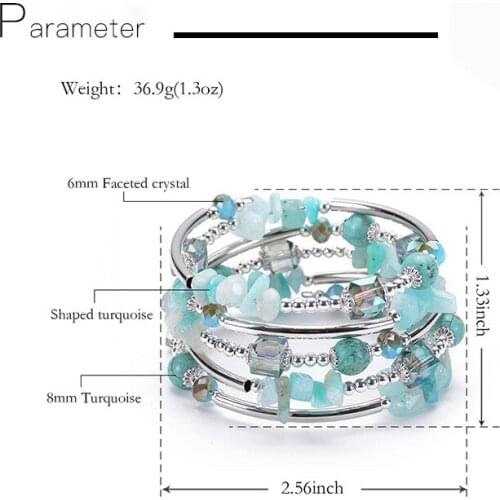 Natural Stone Turquoise & Shiny Bright Faceted Crystal Mixed Copper Charms Bracelet Multi-layer Multi-circle Unisex Bangle