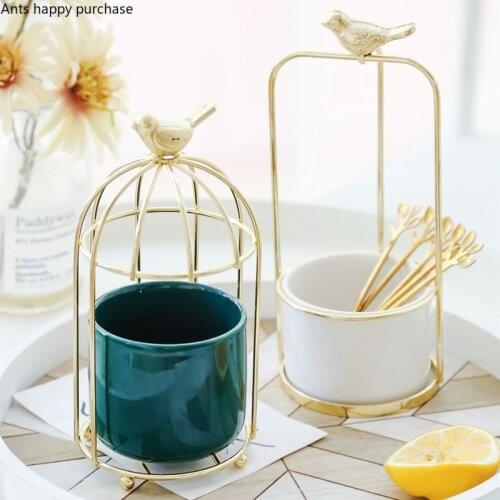 Nordic Ceramics Iron Art Fruit Fork Storage Tube Birdcage Gold Stirring Spoon Storage Decoration Living Room Fruit Fork Set