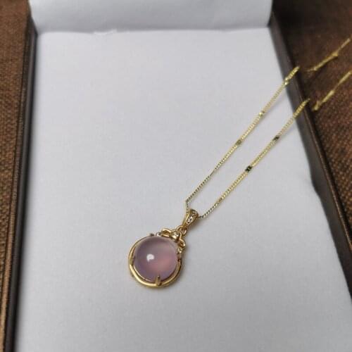 Real 925 Sterling Silver Gemstone Necklace Female Round Natural Pink Jade Pendants Necklaces Party Anniversary Vintage Jewelry