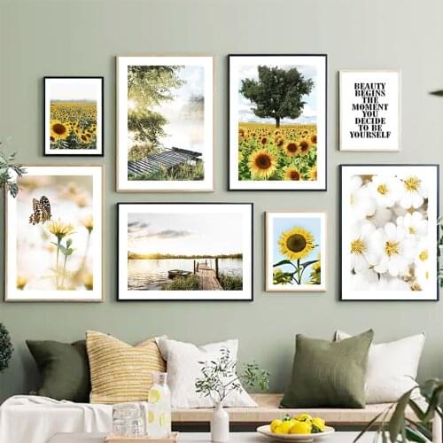 Sunflower Sunrise Lake Boat Daisy Quote Wall Art Canvas Painting Nordic Posters And Prints Wall Pictures For Living Room Decor