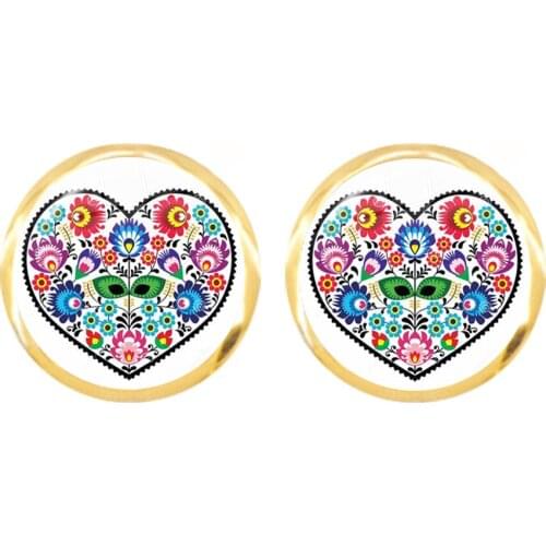 Polish Folk Glass Cabochon Stud Earrings Art Printing Ethnic Bohemia Flower Charm Fashion Jewelry For Women Girls Gift