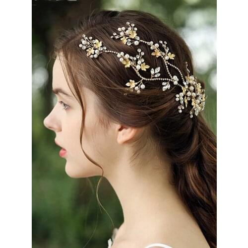 Gold Leaves Rhinestone Bridal Headband Bohemian Headpiece Crystal Pearl Hair Vine Flower Halo Wedding Hair Accessories for Women