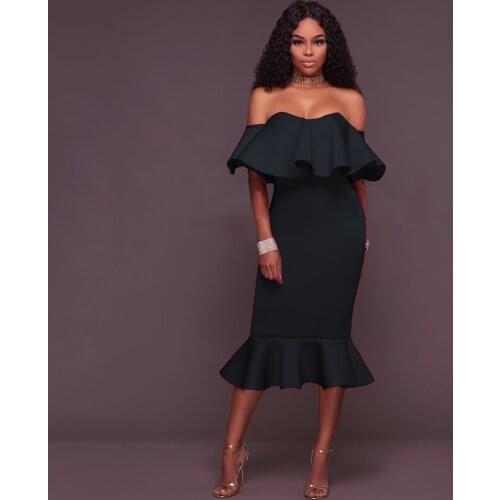 Slash Neck Sexy African Dresses 2021 African Fashion Ruffle Slim Fishtail Dress Elegant For Party Femme Chic Vestidos Hot Sale
